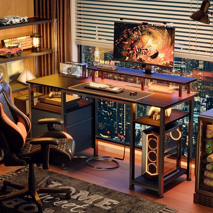 Furologee 51" Gaming Desk with Power Outlets & LED Lights, Reversible Computer Desk with File Cabinet & Monitor Stand for Home Office, Large Work Table with Storage Shelves & Drawer, Black