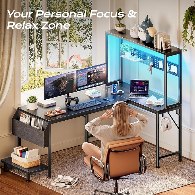 L Shaped Gaming Desk with LED Lights & Power Outlets | Reversible Computer Desk with Storage Shelves & Bag, Large Corner Home Office Desk with Pegboard for Work from Home, Black