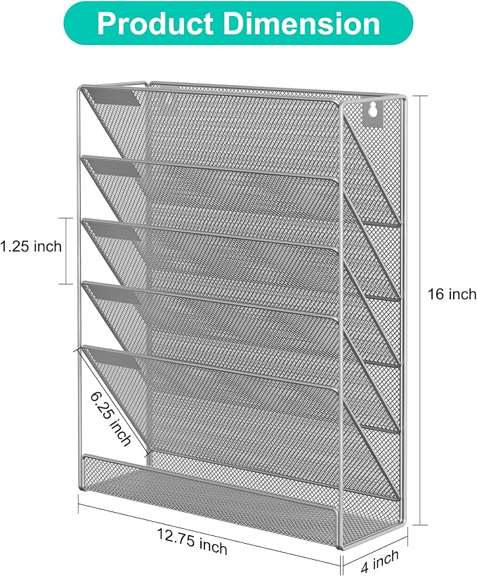 EasyPAG 5 Tier Wall File Holder, Mesh Hanging Folder Organizer with Classify Label, Versatile Desk File Holder, Vertical Wall Mounted Mail Organizer for Office Home Cubicle, Silver