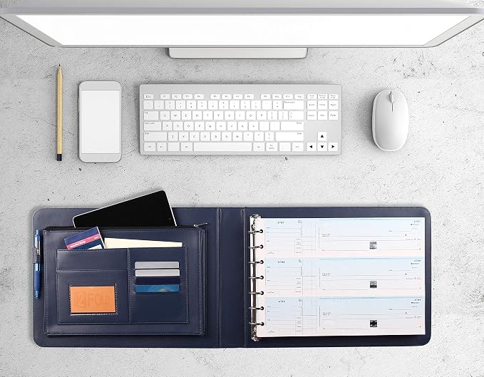 2Fold Business Check Binder 7 Ring for 3-Up Business Size Checks with Extra Business Card Case - PU Leather Deluxe 7 Ring Checkbook Binder Portfolio with 600 Check Capacity and Storage