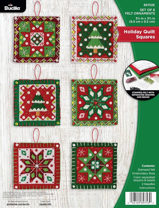 Bucilla Felt Applique 4 Piece Ornament Making Kit, Holiday Quilt Squares, Perfect for DIY Arts and Crafts, 89753E