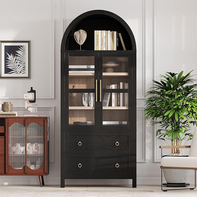 71" Arched Storage Cabinets with Glass Doors, Farmhouse Kitchen Pantry Cabinet with 2 Large Drawers, Tall Bookcase with Adjustable Shelves, Curio Cabinet, Display Cabinet (Black)