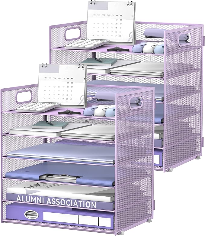 Daltack 6-Tier Paper Organizer for Desk with Handle, Purple, 2 Pack | Sturdy Metal Mesh Organizer with Movable Middle Trays and a Carry Handle for Papers, Folders and Office Supplies