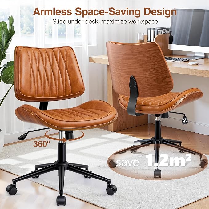 Ergonomic Armless Office Desk Chair - Mid-Century Retro Orange Faux Leather with Diamond Stitch, Adjustable Height Swivel Rolling Task Computer Chair with Walnut Accent for Home Office, Study & Work
