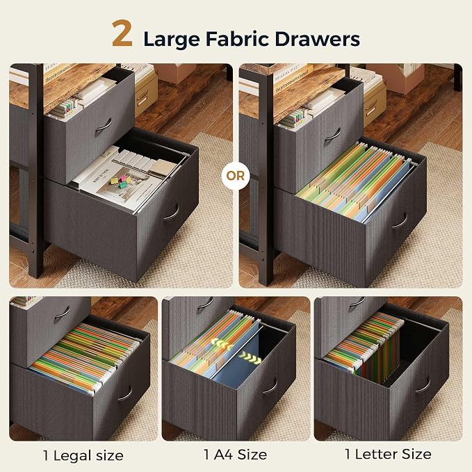 L Shaped Gaming Desk with Drawers, Corner Computer Desk with LED Tempered Glass Display Cabinet, Shaped L Office Desk with Charging Station and Fabric Drawer, PC Desk for Gaming and Office, Brown