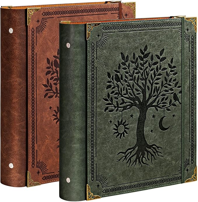 OVESMUSL 2 Pack PU Leather 3 Ring Binder, 2 Inch Green Brown | Fits 8.5x11 letter paper, holds 500 sheets, loose leaf organizer