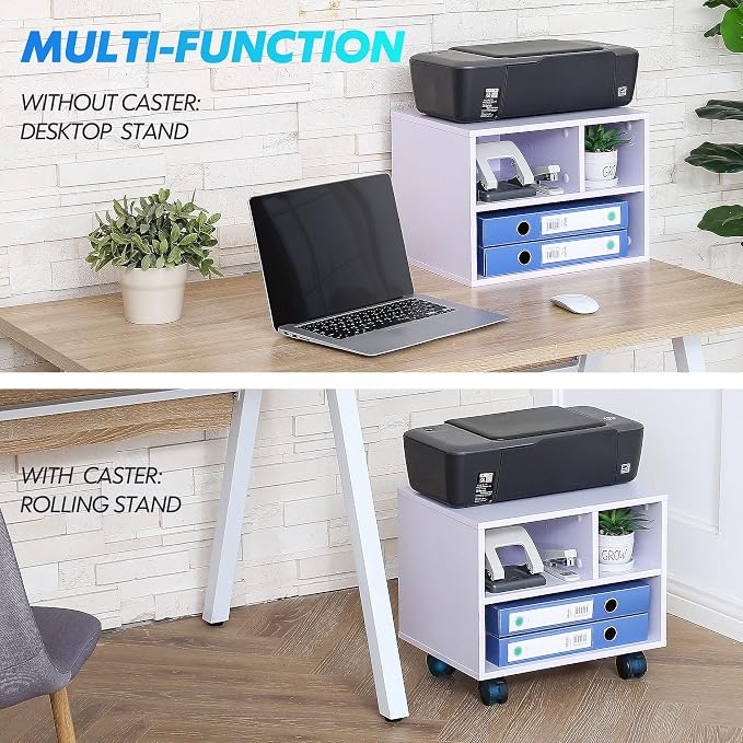 FITUEYES Printer Stand Under Desk, Small Wood Mobile Printer Table, White | Work Cart on Removable Casters, with 3 Storage Organizer Compartments for Home Office, 15.7 in. W x 11.8 in. D x 13.8 in. H