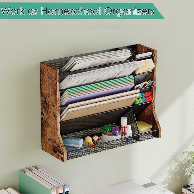 Jakyitvi 5 Tiers Ironwood Wall Desk File Holder Organizer Organizer, Brown | Adjustable mesh dividers, space saving hanging desk rack, stable R-shaped bottom base tray, multi functional office mailbox