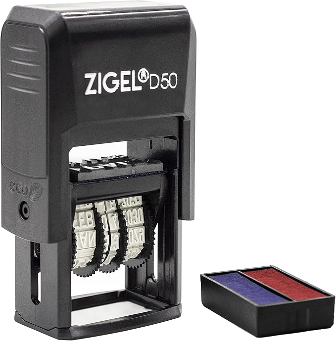 ZIGEL D50 Date Stamp with Phrase - Self Inking Date Stamp - Black (Blue/Red, Shipped)