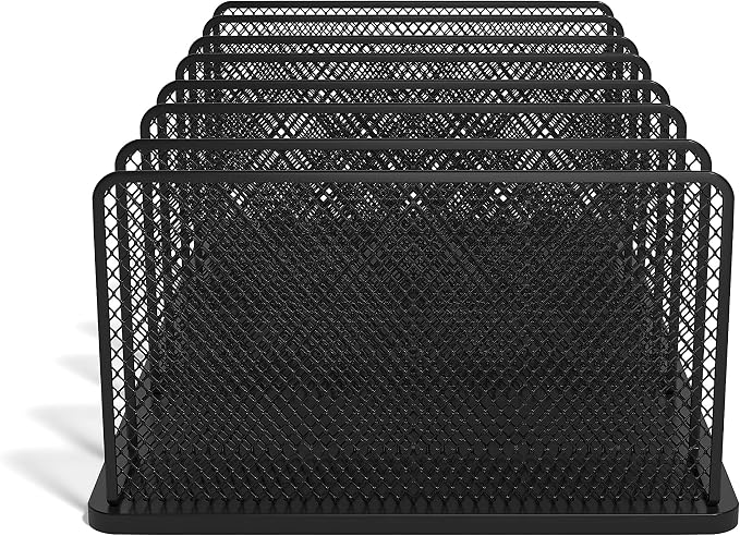 TRU RED Wire Mesh File Organizer, 7‑Compartment, Matte Black, 2‑Pack – Desktop Sorter for Files, Folders & Mail