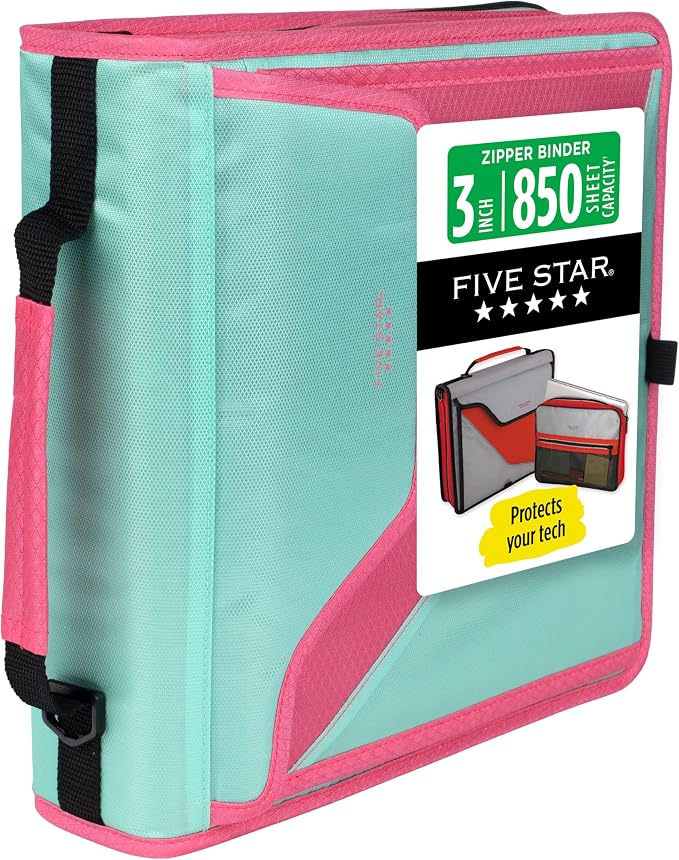 Five Star Zipper Binder, 3-Inch D-Ring Case Binder, 850-Sheet Capacity, Multiple Pockets, Front 5-Tab Expanding File, Removable Padded Case and Shoulder Strap, Taffy Twist (292960L)