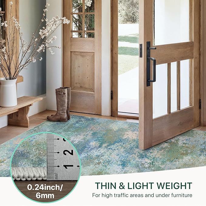 GENIMO 3x5 Rugs for Entryway Entrance, Modern Lightweight Rug Ultra Soft Indoor Area Rugs 3x5 for Living Room Bedroom Kitchen, Low Pile Carpet with Non Slip Backing, Blue Green