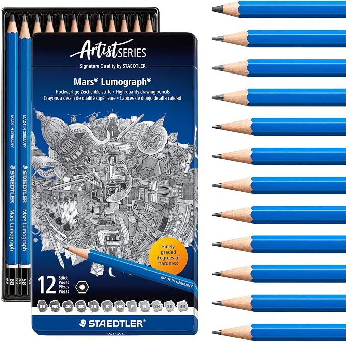 STAEDTLER Mars Lumograph Art Drawing Pencils (12-Pack) - Sustainable, Break-Resistant Graphite, Metal Case