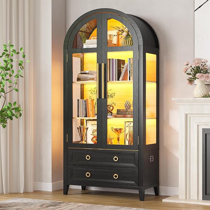 Arched Curio Cabinet with Glass Doors, 4-Tier Display Cabinet with 2 Drawers, Tall Bookcase with 3 Color Lights, Display Case, Kitchen Pantry, Black+Wood