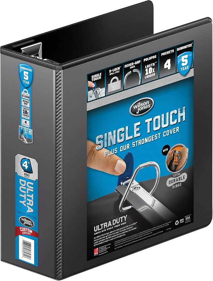 Wilson Jones 3 Ring Binder 4 Inch, Ultra Duty D-Ring View Binder with Extra Durable Hinge, Customizable, Black (W86641)