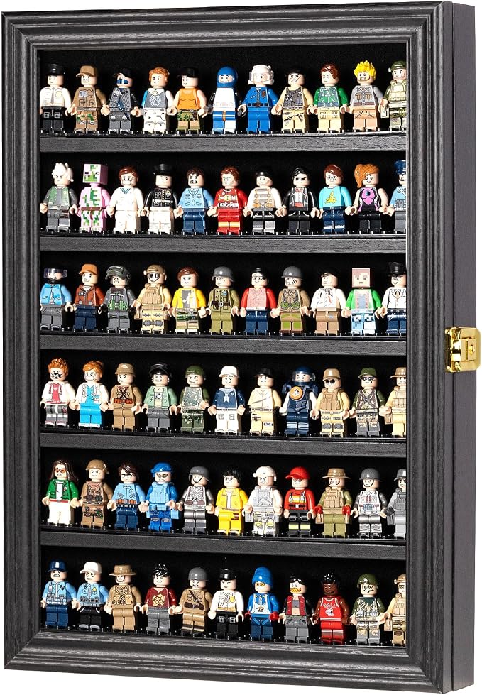 Minifigure Display Case - Building Block Toy Wall Cabinet Showcase for Small Miniature Collectibles Mini Brands Thimbles, 2.25" Height Shelf Lockable UV Protection Door (Small - Black Frame)