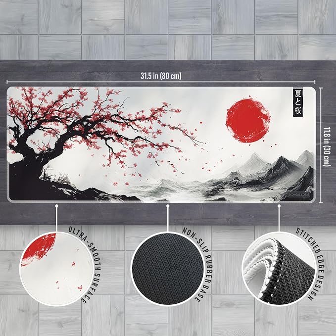 XL Sakura Cherry Blossom Mouse Pad – Japanese Gaming Desk Mat for Keyboard & Mouse – Non-Slip Water-Resistant Surface, Stitched Edges – 31.5x11.8 in (X-Large)