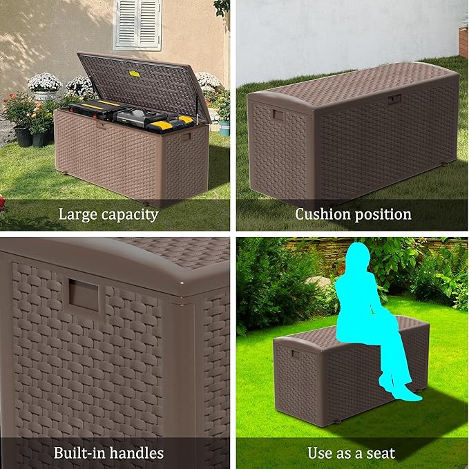 TARKARI Premium Pro Edition 180 Gallon Lockable Resin Deck Box, Waterproof & UV-Resistant Outdoor Storage Box for Outdoor Cushion Storage, Garden Tools & Pool Accessories Storage, Brown