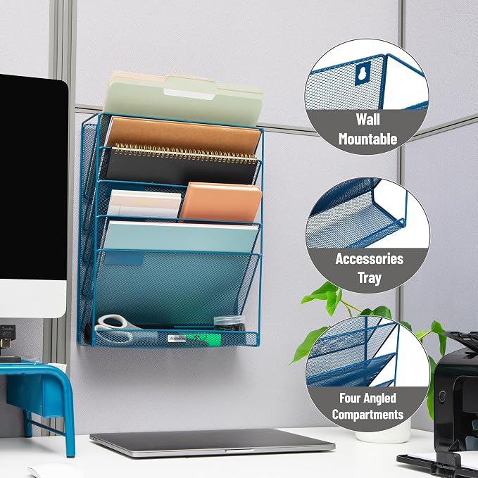 Mind Reader 5-Pocket Vertical File Storage, Desktop Organizer, Wall Mount, Office, Metal Mesh, Turquoise