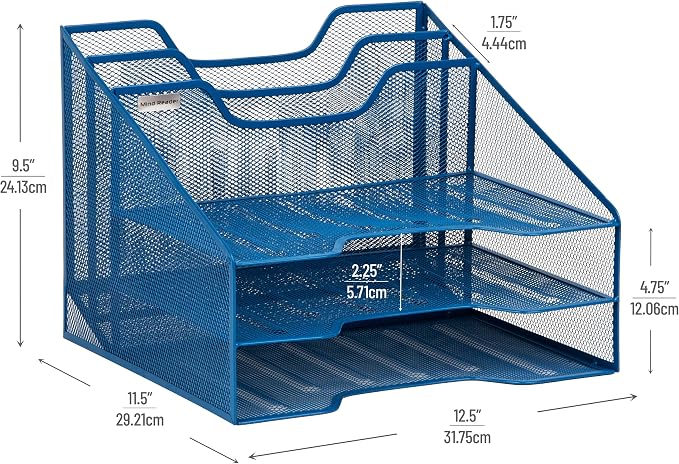 Mind Reader Metal Mesh Desktop File Organizer, 3-Tier Paper Tray with 5 Compartments, Office Mail Sorter, Turquoise