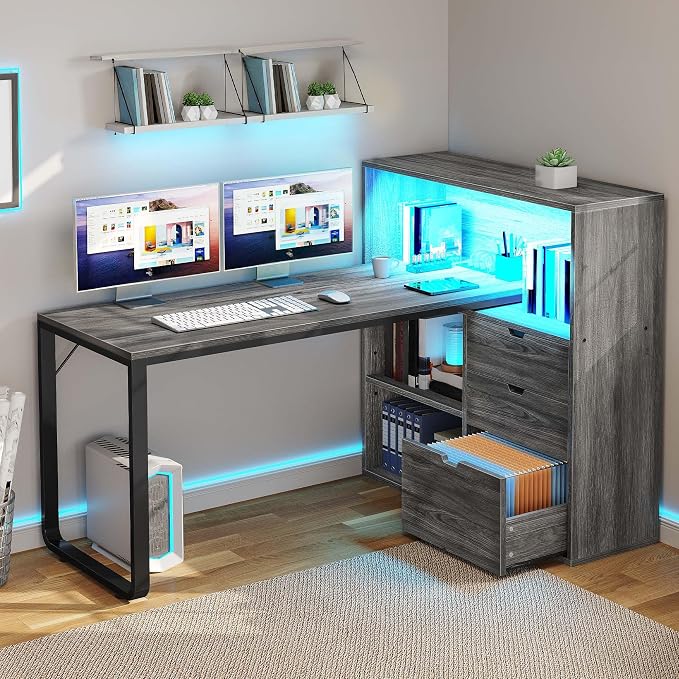 YITAHOME 55" L Shaped Corner Computer Desk with Drawers & Power, Grey | 3 Drawers, 3 Storage Shelves, Bookshelf, Power Outlets, LED Lights, File Cabinet, Easy Assembly