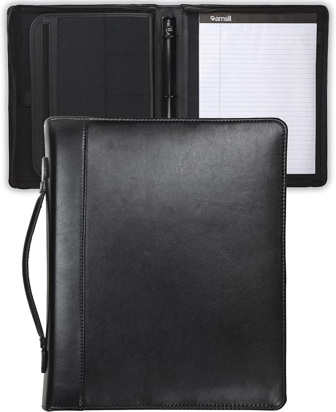 Samsill 15540 Regal Leather Padfolio Zipper 1 inch Ring Binder, Carry Handle, Interior 10.1 Inch Tablet Sleeve, Letter Size Writing Pad, Black