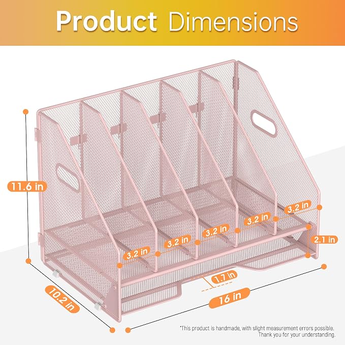 Docnest Mesh Desk File Organizer, 5 Vertical Compartment Box Sorter, Pink | Features 4 removable middle dividers for custom spacing and a bottom letter tray to hold paper, mail, and documents