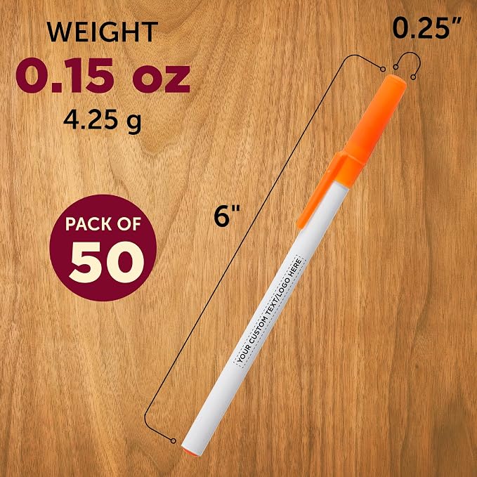 DISCOUNT PROMOS Custom Value Stick Pens Set of 50, Personalized Bulk Pack - Black Ink, Great for Office, School, Business, Tradeshows, Events - Orange