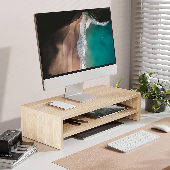 FITUEYES Wooden Monitor Stand Riser, 2-Tier Desk Storage Shelf, Oak | 21.3-Inch Desktop Organizer Fits Laptop, Computer Screen and Office Supplies