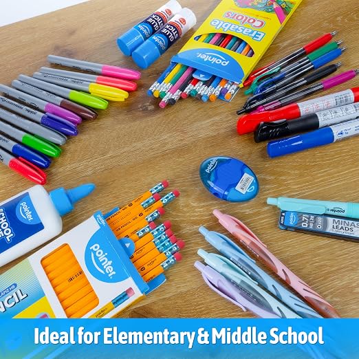 Pointer School Supplies Bundle Kit – A Back to Learning Set Student Value Pack Essentials for Classroom, Writing, Drawing, Crafting, Study Materials Kids, Teens, Home Use Academic Essentials – 62 Pcs