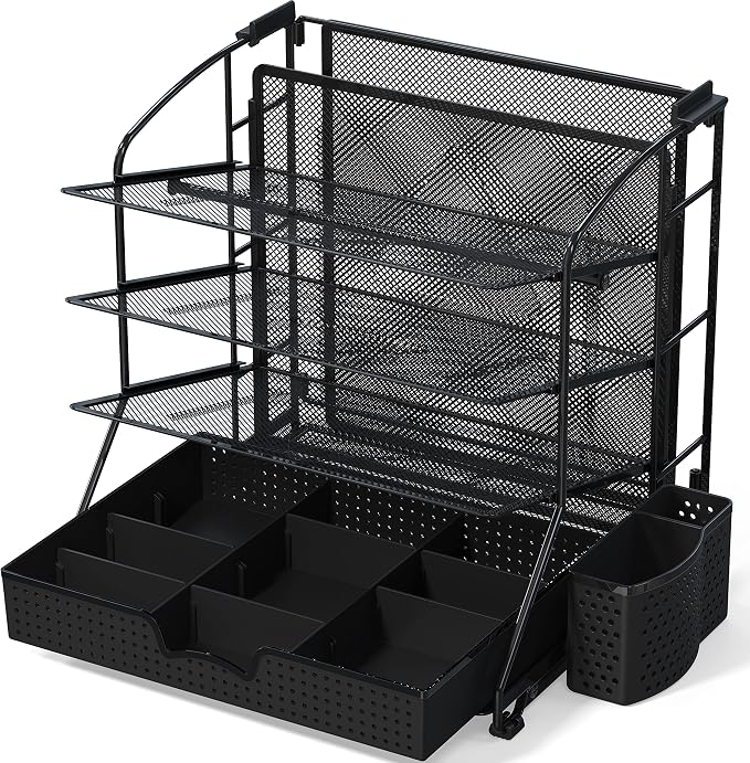 Simple Houseware Desktop Document Tray Organizer with Sliding Drawer, Black | Includes Pen Bucket & Hanging File Section