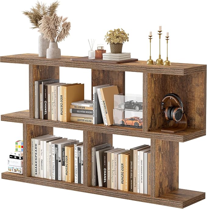 TIQLAB 47" Bookshelf, Open Bookcase Corner Shelf for Bedroom, Rustic Brown | horizontal bookshelf with 3 open shelves, for bedroom office living room, display rack tv stand long console table, rustic