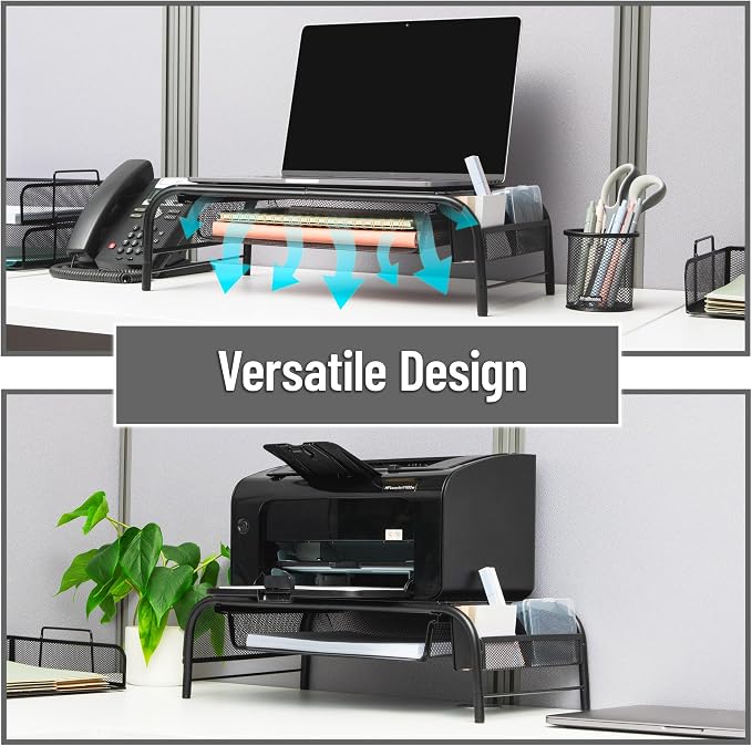 Mind Reader Monitor Stand, Ventilated Laptop Riser, Paper Tray, Office, Metal Mesh, Set of 2, Black