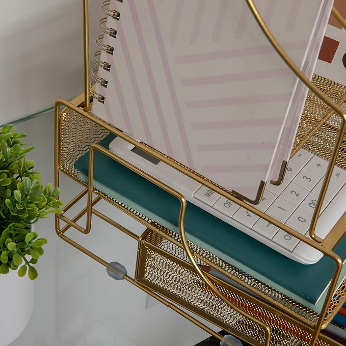 Martha Stewart Ryder Mesh Metal Desktop Organizer with Drawer, Gold | Steel Mesh, Gold Finish