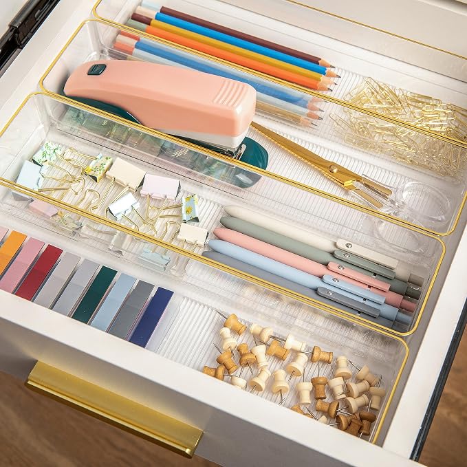 Martha Stewart Kerry Stackable Desk Drawer Organizers, Clear/Gold, 8-Pack | 9x3 in Organizers, Gold Trim, Stackable