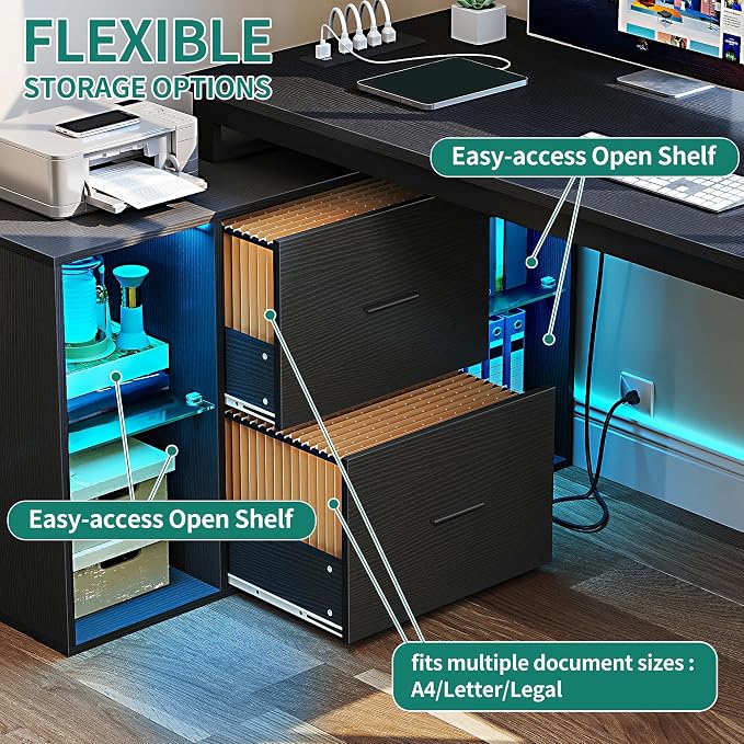 YITAHOME L Shaped Desk with Power Outlets & File Cabinet,55" Reversible Corner Computer Desk with Drawers & LED Lights, L-Shaped Desk with 4 Glass Open Storage Shelves, Black