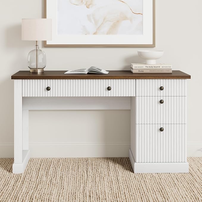 Garvee 54" Fluted Home Office Desk with File Drawer for Home Office | Modern Executive Desk with Charging Station, Wooden Compute Writing Desk for Study Room, White