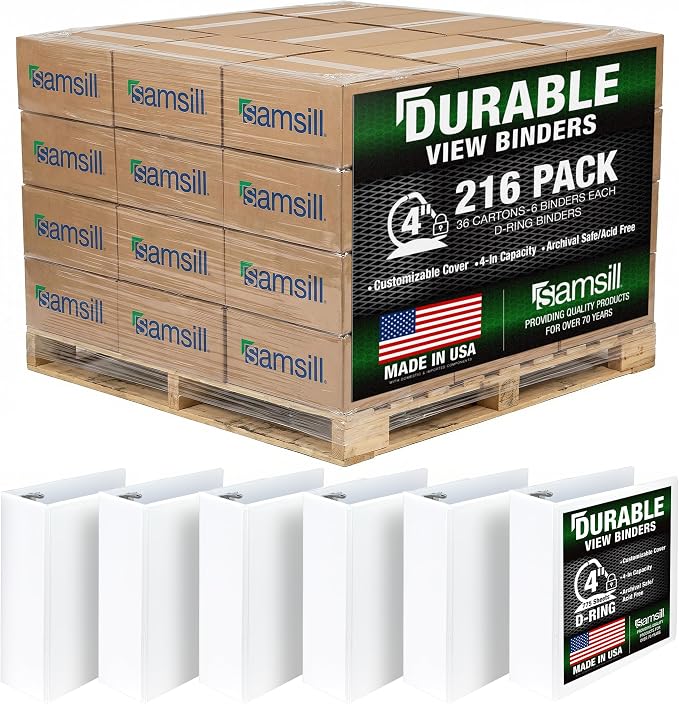 Samsill Durable 4 inch 3 Ring Binder, D Ring Binder, 100% Recycled Chipboard, White, Pallet of 216 Binders in 36 Cartons