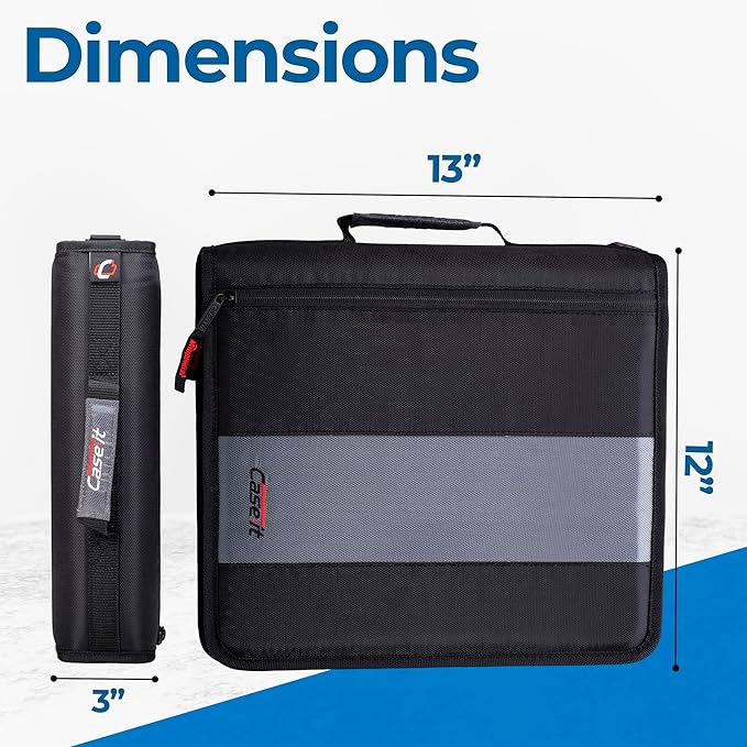 Case-it School Zipper Binder | 2-Inch O-Rings | 350-Sheet | D-251 Jet Black | Classic, Multiple Storage Pockets, Shoulder Strap, School & Office Organizer, 6-Pack