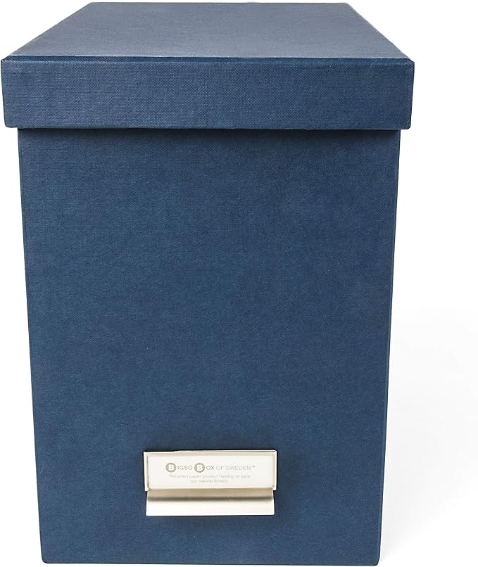 Bigso John Fiberboard Label Frame Desktop File Storage Box - Document Organizer for Important Paperwork - Durable Hanging File Box with a Lid & Metal Label Window - 7.36 x 13.38 x 10.51 in - Blue