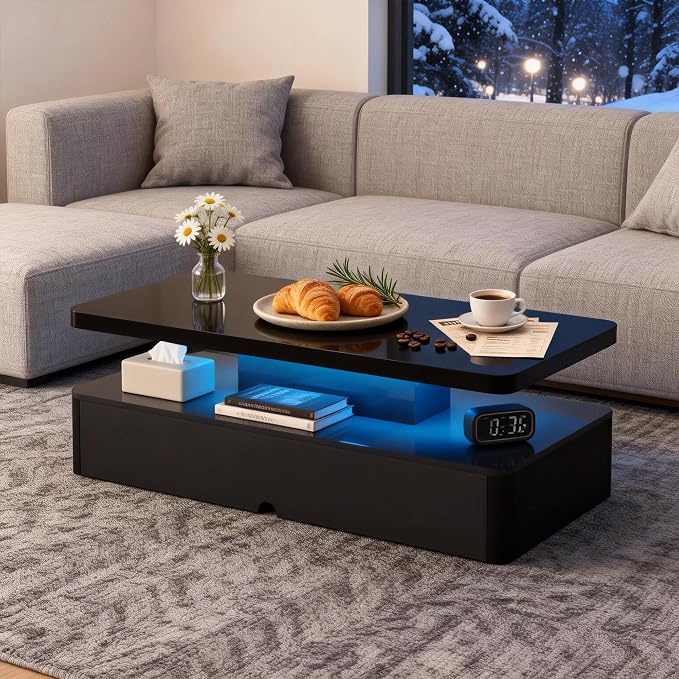 40" Modern LED Coffee Table, 2 Tier Rectangular Center Table with 16 Colors Lights & Large Storage Space, High Glossy Wooden Tea Table for Living Room, Bedroom, Home Office, Dark Black