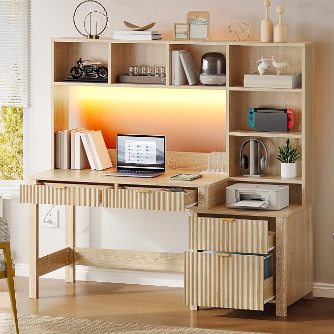 YITAHOME Computer Desk with Hutch and Drawers | 55" Office Desk with Storage Shelves Gaming Desk