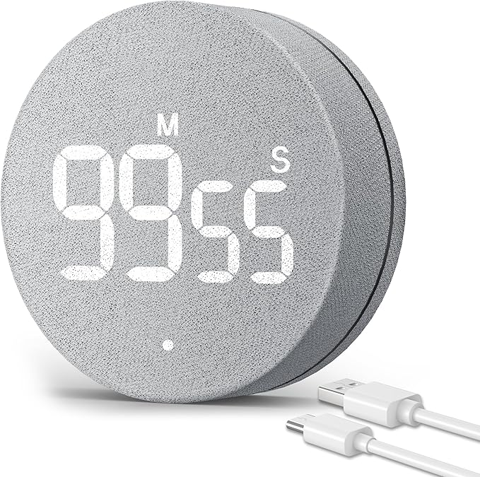 AVINIA Desk Timer for Productivity Magnetic Digital Kitchen Timer Rechargeable Fabric Mesh Cover 99 Mins Countdown/Count Up Stylish Efficana Konah Home Timmer for Cooking (Fabric Gray)