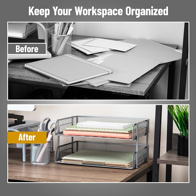 Mind Reader 2-Tier Stackable Paper Tray, Desktop Organizer for Letter-Size Documents, Office File Storage, Metal Mesh, Set of 2, Silver