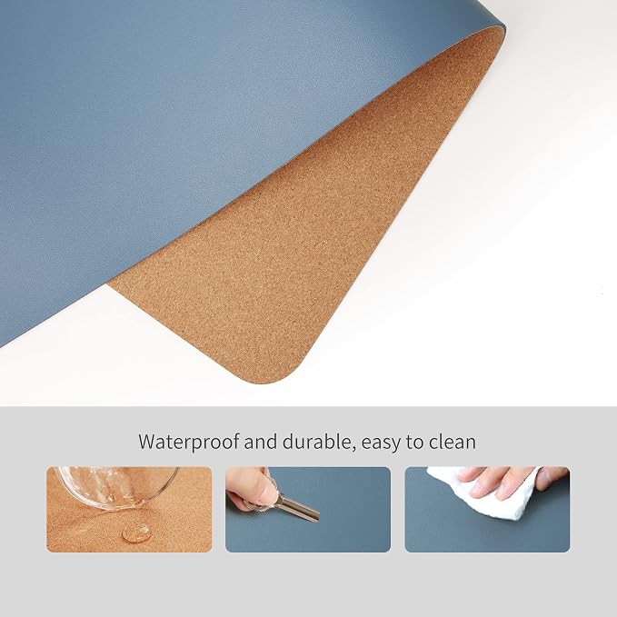 RENMTURE Dual-Sided Mouse Pad, Natural Cork & PU Leather Large Desk Pad for Office and Home Work, Desk Protector Non-Slip, Waterproof, Easy Clean (Blue Gray, 23.6" x 13.7")