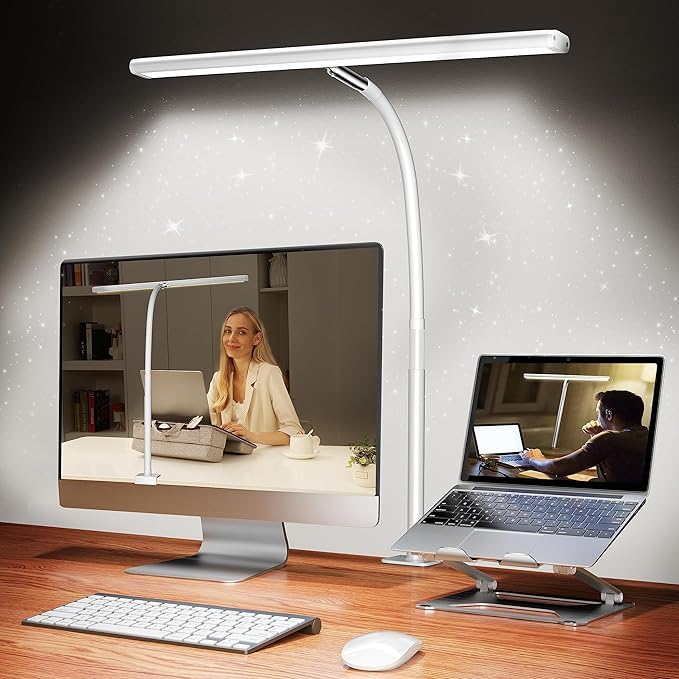 Airlonv LED Desk Lamp with Clamp, 17" Stepless Dimming Light, White | 2700K-6500K, 100 LEDs, 360° Gooseneck, Fits Up to 30" Monitors, Flicker-Free Lighting for Home Office, Study& Workbench