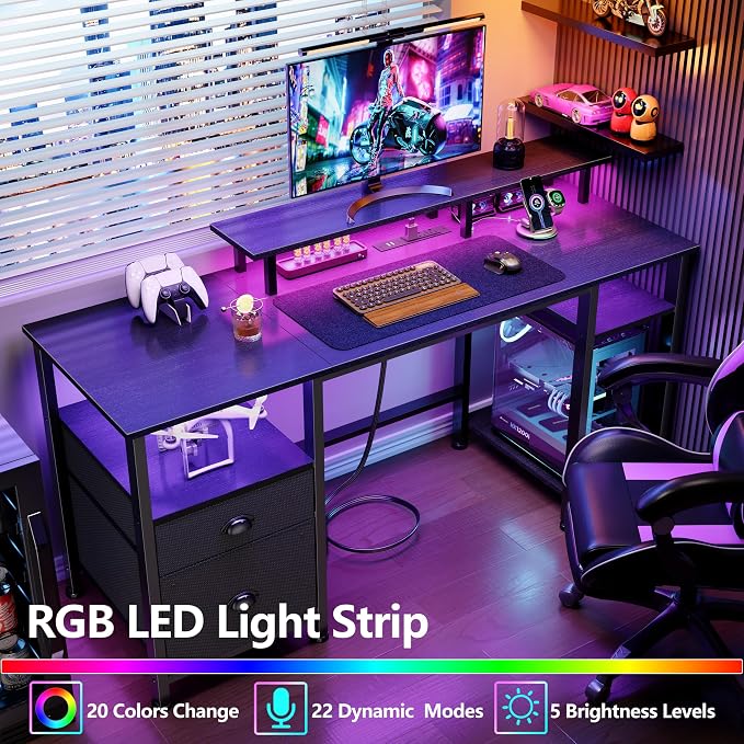 Furologee 51" Gaming Desk with Power Outlets & LED Lights, Reversible Computer Desk with File Cabinet & Monitor Stand for Home Office, Large Work Table with Storage Shelves & Drawer, Black