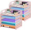 Cawukege 2 Pack 5 Tier Paper Organizer, Letter Tray with Handle, Mesh Desk Organizer, Metal File Organizer, Office Desk Accessories for Home, Office, Classroom, School (Pink, 2)
