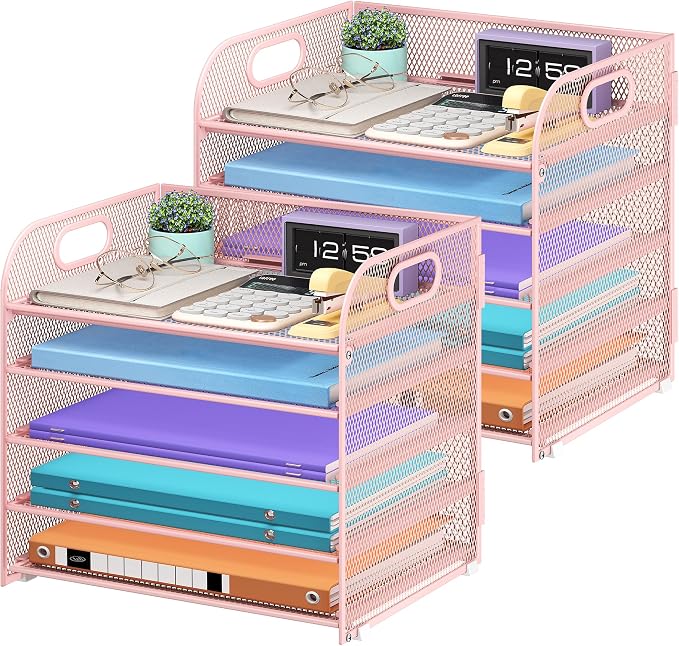 Cawukege 2 Pack 5 Tier Paper Organizer, Letter Tray with Handle, Mesh Desk Organizer, Metal File Organizer, Office Desk Accessories for Home, Office, Classroom, School (Pink, 2)
