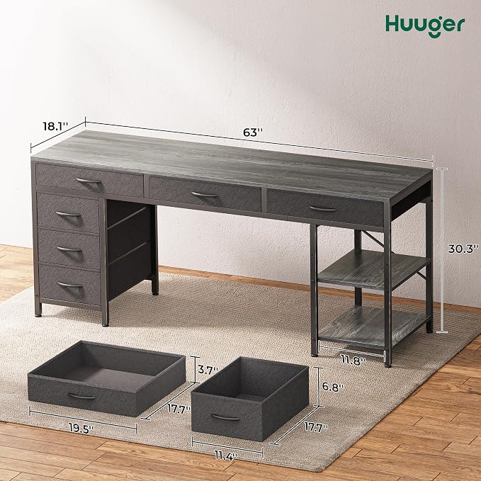 Huuger Computer Desk with 6 Drawers, Office Desk with Shelves, Reversible Gaming Desk, Corner Desk with Storage, Work for Home Office, Study, Living Room, 63inch, Grey